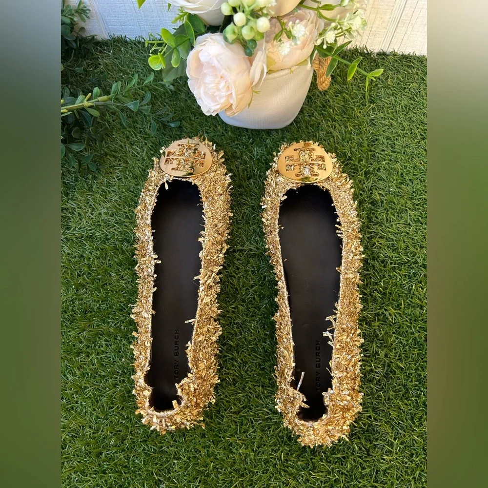 TORY BURCH MINNIE TRAVEL BALLET Color: Gold / Gold WOMEN SIZE 7.5 NEW